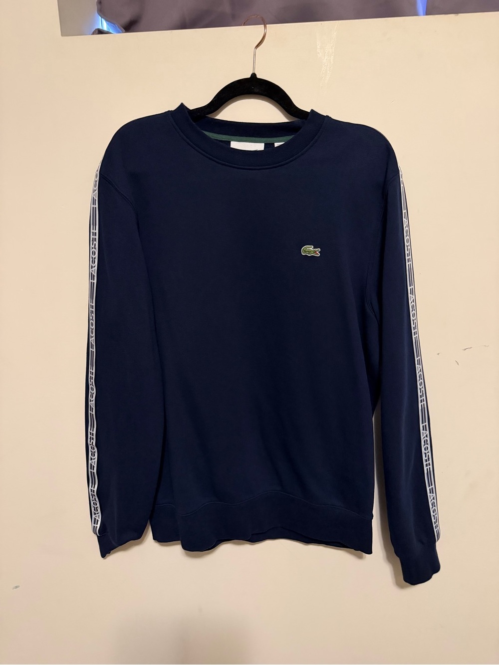 Lacoste Men's Navy Crewneck Sweatshirt with White Sleeve Tape